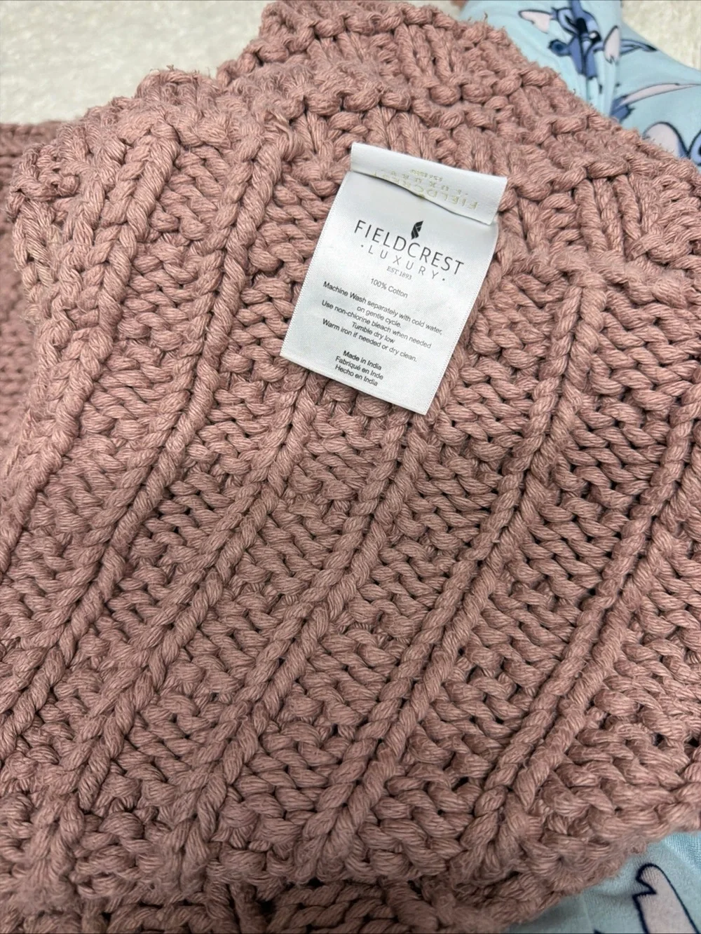 Fieldcrest luxury 100% Cotton handmade 50”x60” Mauve Knit Throw Blanket